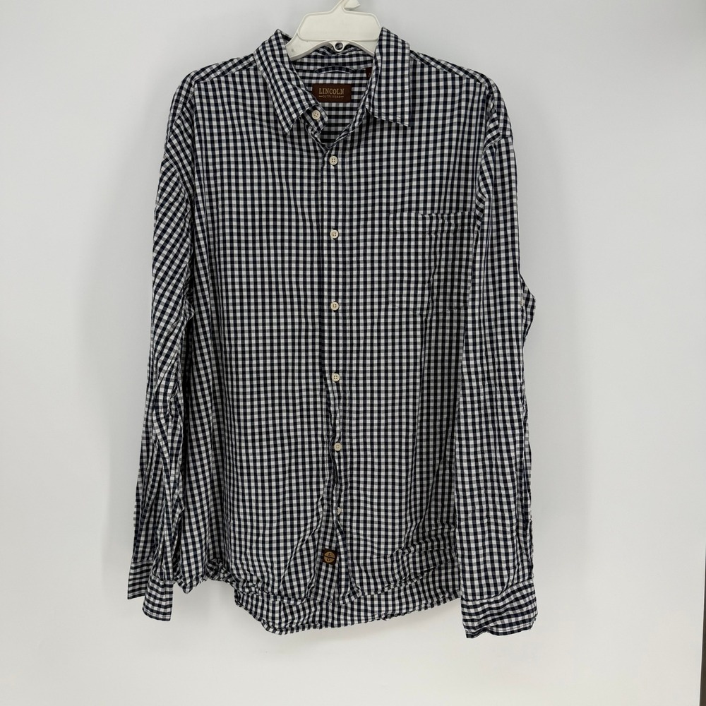 Lincoln Outfitters Button Down Mens 2X Navy Gingham Roll Tab Cotton Work Casual